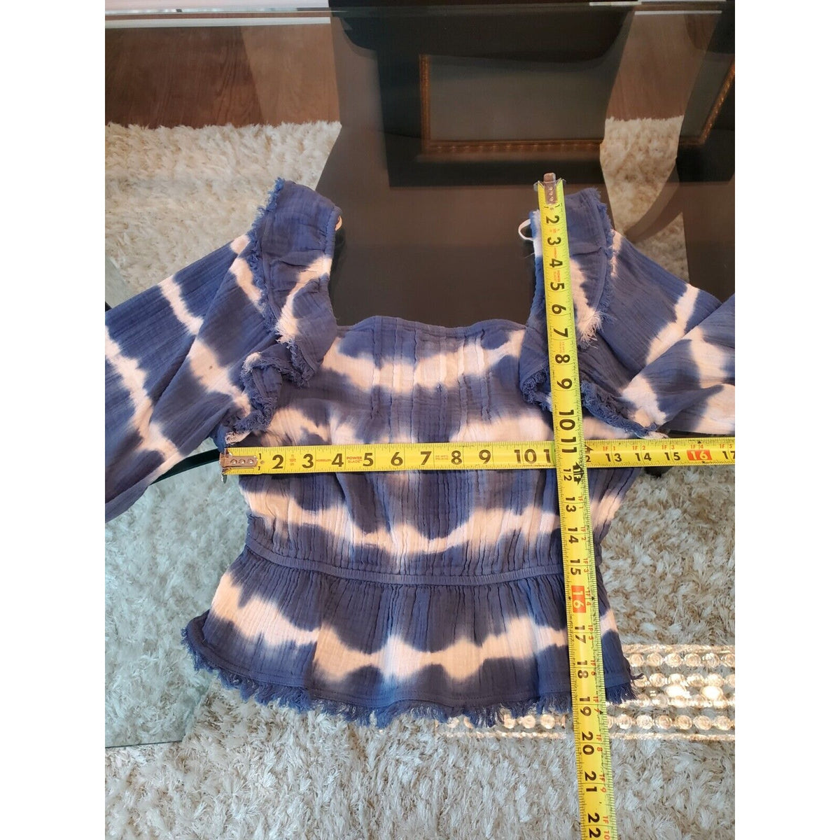 True Craft Women Blue & White Cotton Square Neck Long Sleeve Top Blouse Size XS