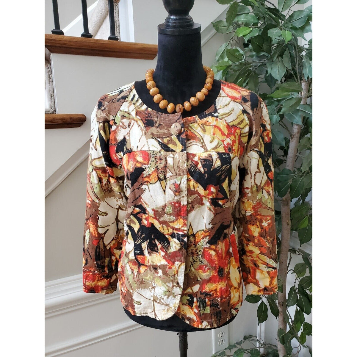Choices Womens Multicolor Floral Long Sleeve Buttons Front Casual Jacket Size L