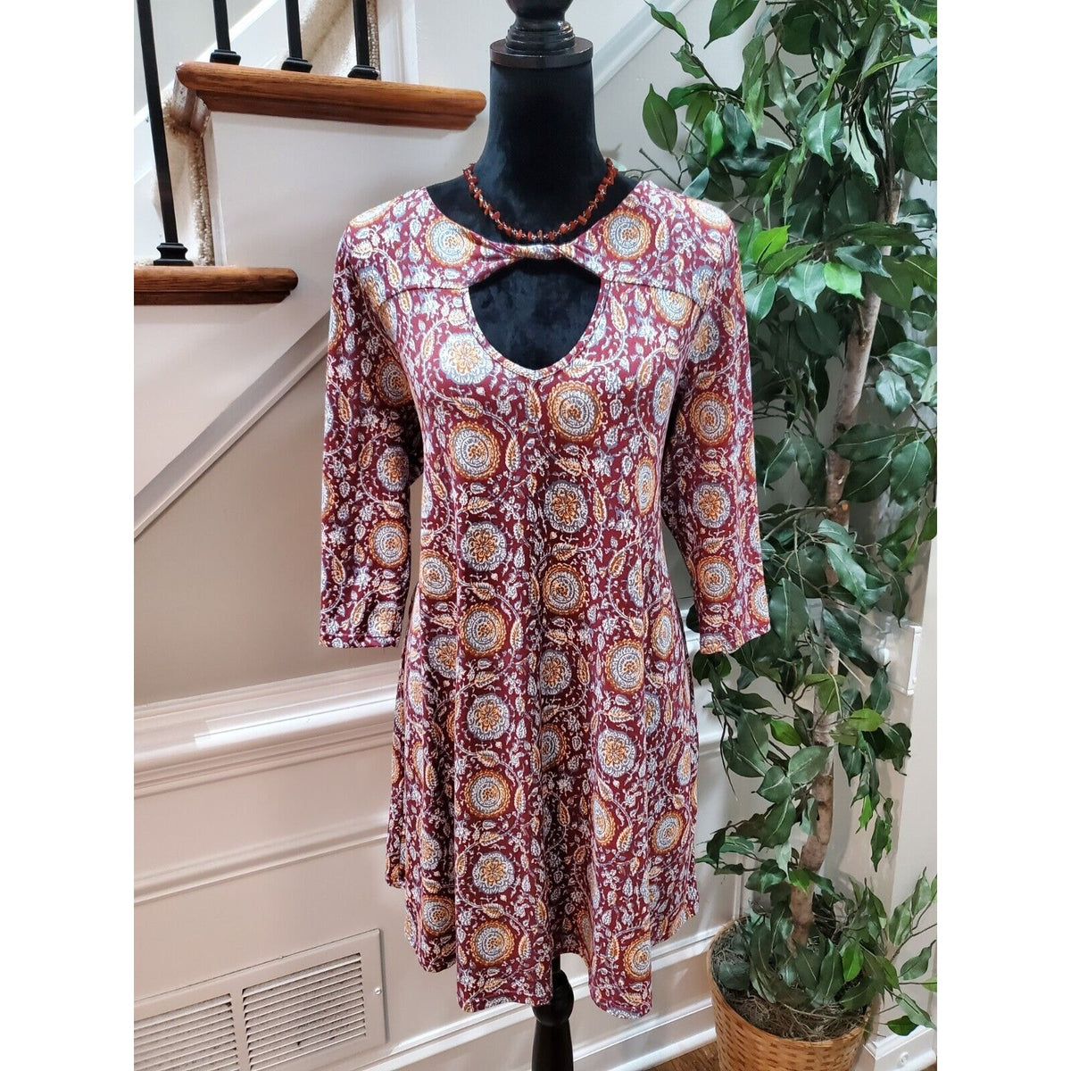 Three Pink Hearts Burgundy Key Hole Round Neck Long Sleeve Casual Top Blouse XL