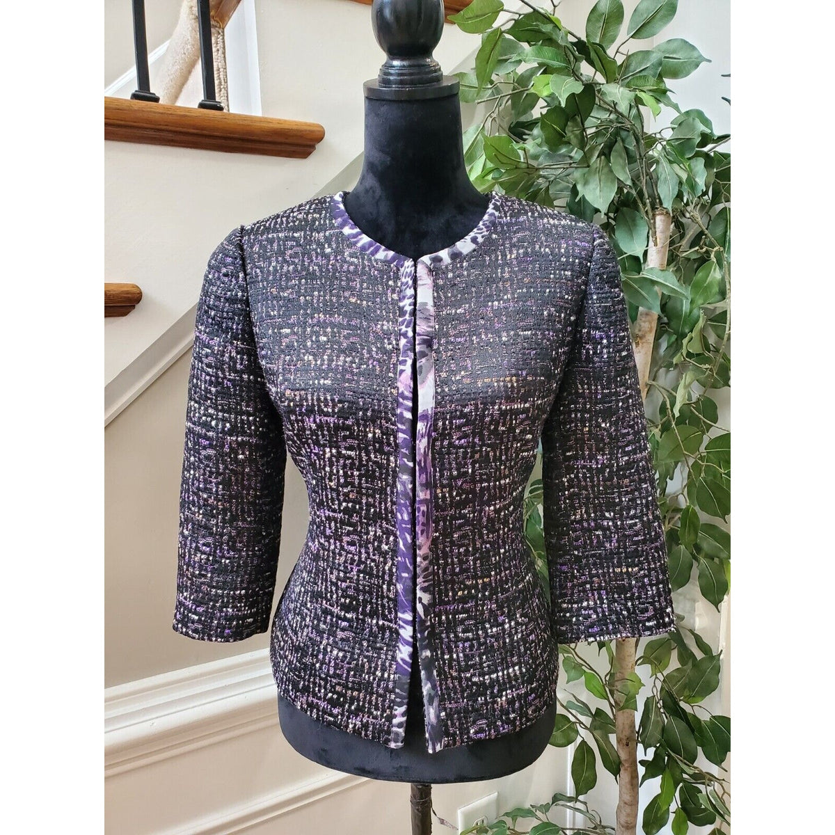 Coldwater Creek Women's Purple Polyester Tweed 3/4 Sleeve Blazer Jacket Size XS