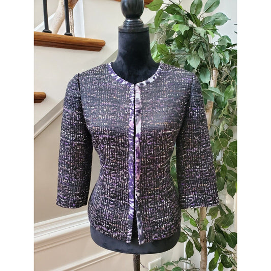 Coldwater Creek Women's Purple Polyester Tweed 3/4 Sleeve Blazer Jacket Size XS