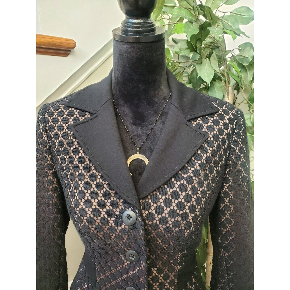 Kay Unger Womens Black Cotton 3/4 Sleeve Crochet Swiss Dot Stretch Blazer Size 6
