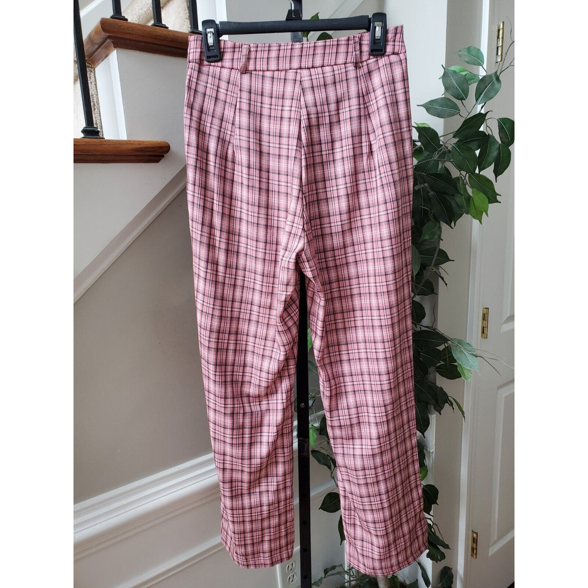 SheIn Womens Pink Plaid Polyester Slash Pockets Casual Straight Leg Pants Small