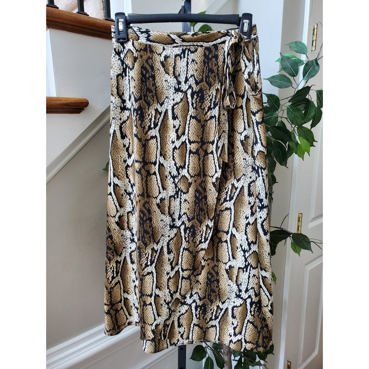 Como Vintage Brown Snakeskin Print Polyester A-Line Drawstring Long Skirt Size S