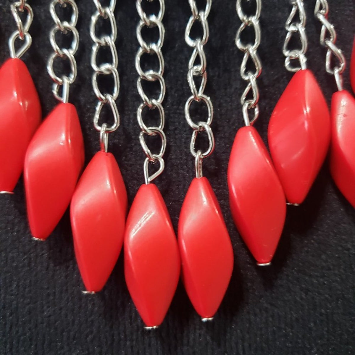 Womens Silver Chain Binge Red Stone Beaded Statement Necklace with Lobster Clasp