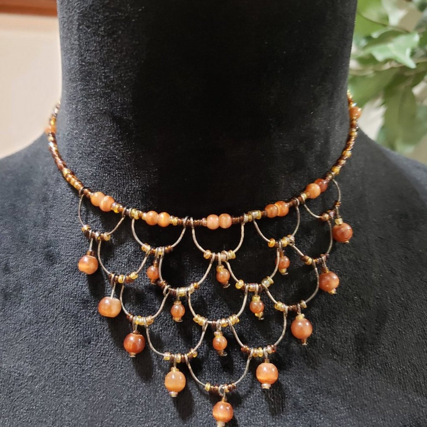 Womens Fashions Orange & Gold Glass Round Beaded Bib Necklace Jewellery