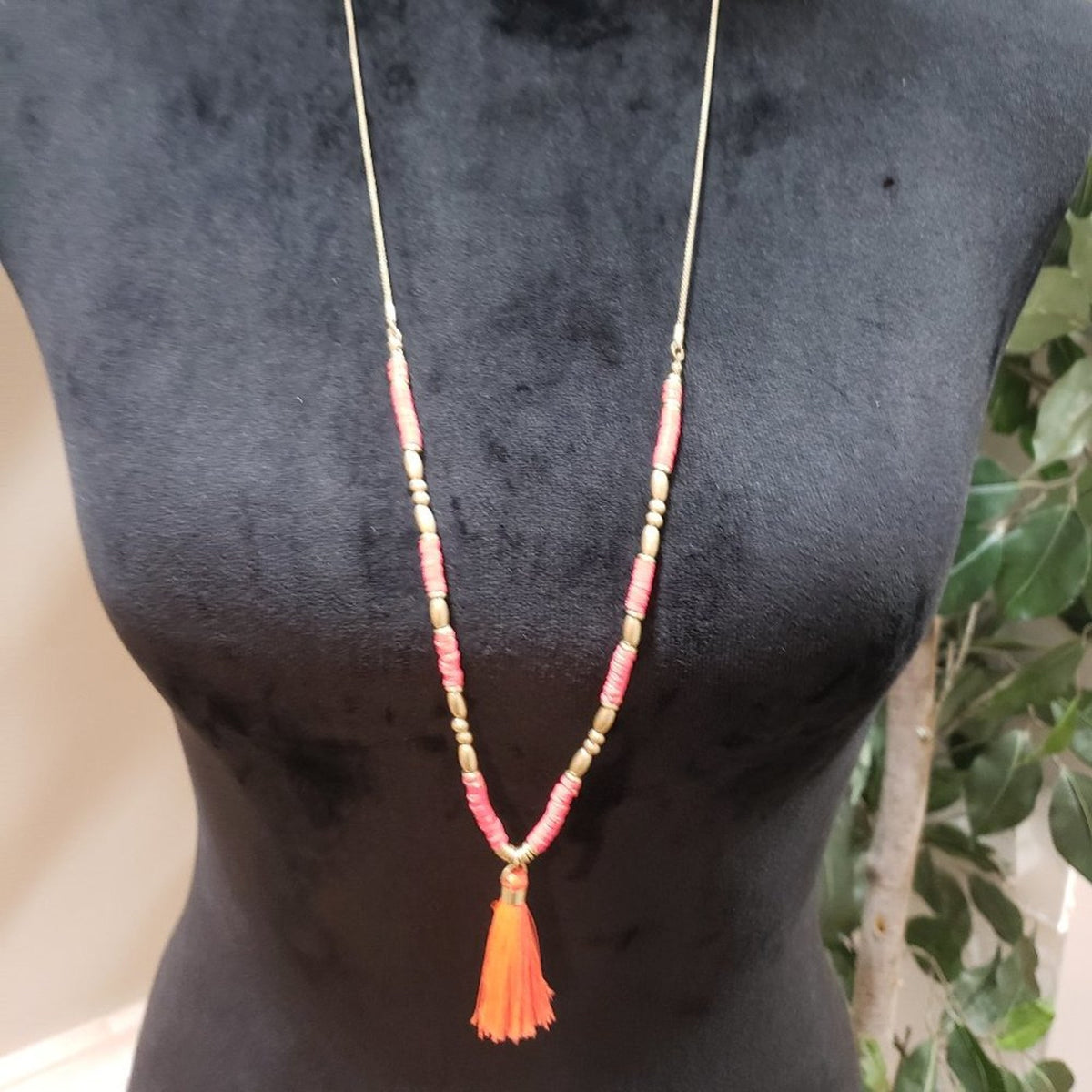 Women's Bohemian Beaded Long Pink & Gold Tassel Necklace