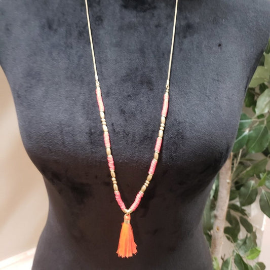 Women's Bohemian Beaded Long Pink & Gold Tassel Necklace
