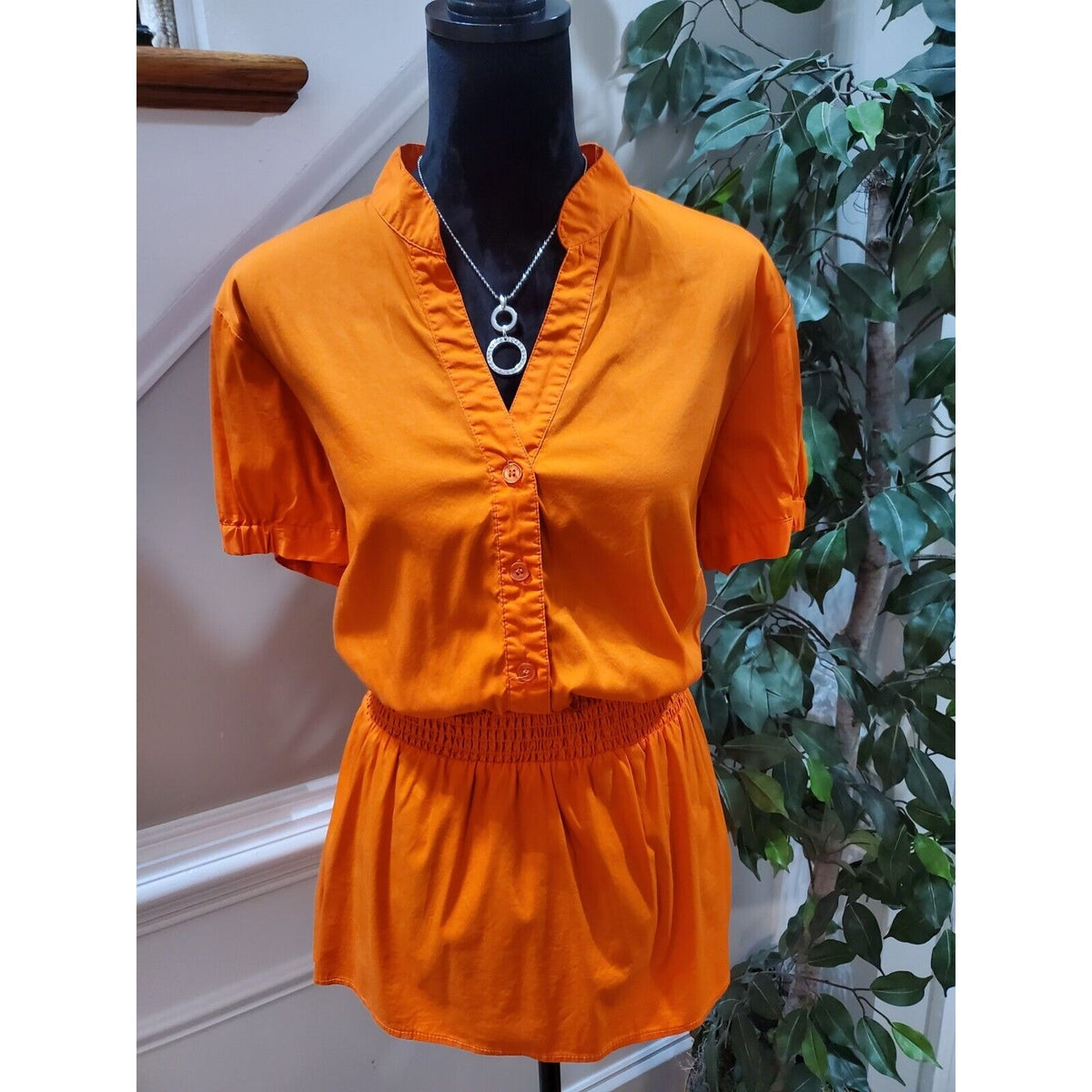 Ashley Stewart Women Orange Cotton V-Neck Short Sleeve Casual Top Blouse Size 14