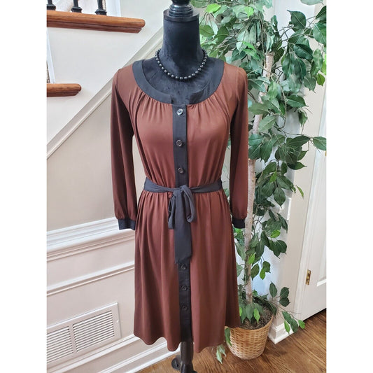 London Times Women's Brown Polyester Round Neck Long Sleeve Knee Length Dress 4