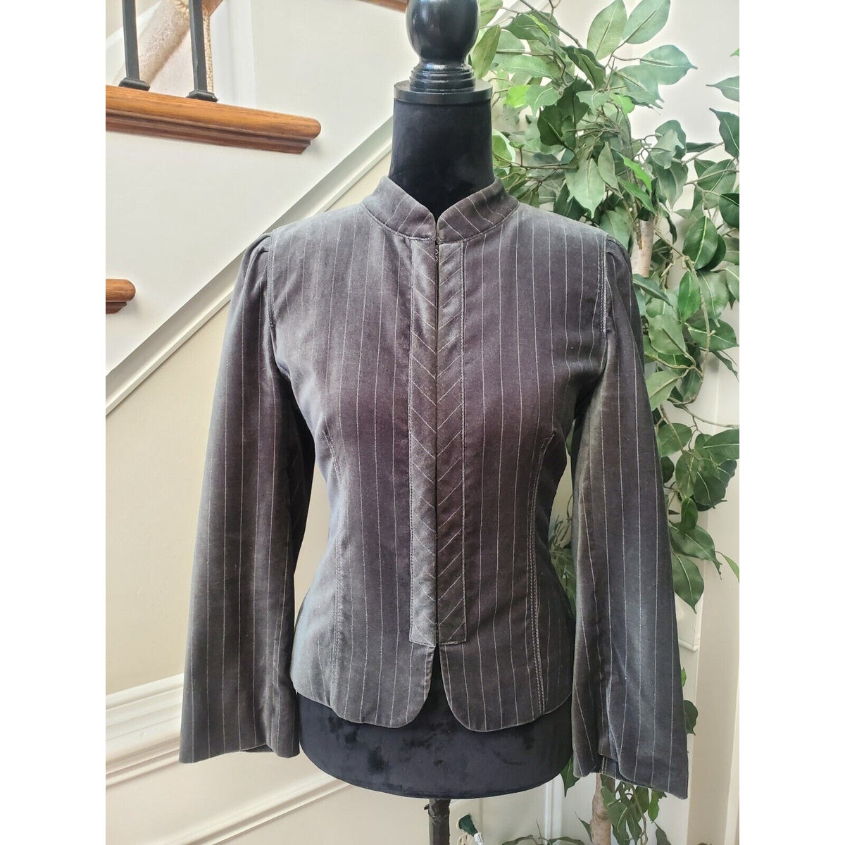 Loft Ann Taylor Gray Striped Mock Neck Velvet Long Sleeve Blazer Jacket Size 6