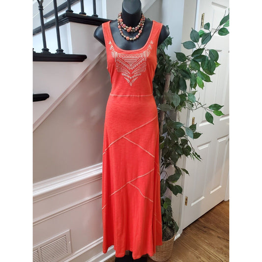 Cable & Gauge Orange Gold Cotton Embroidered Sleeveless Long Maxi Dress Size S