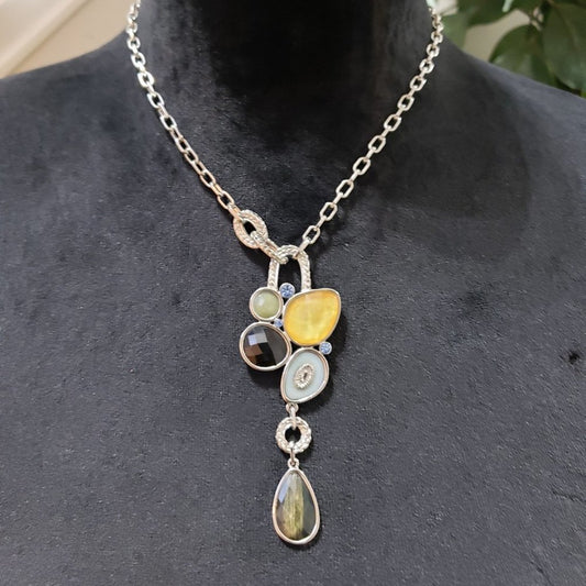 Lia Sophia Silver Tone Cut Crystal Mother Of Pearl Resin Necklace with Lobster