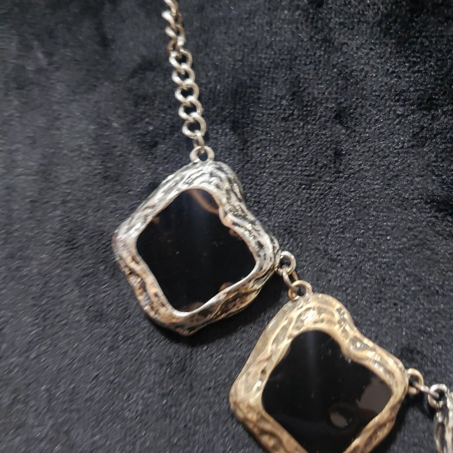Black Gem Stones Square Clear Glass Gold Tone Statement Necklace with Earings