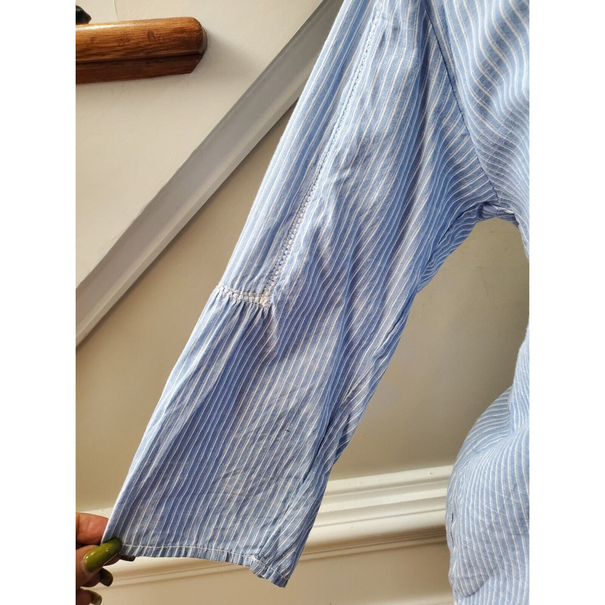 L.O.G.G Women's Blue Striped 100% Cotton V-Neck Long Sleeve Casual Top Blouse 2