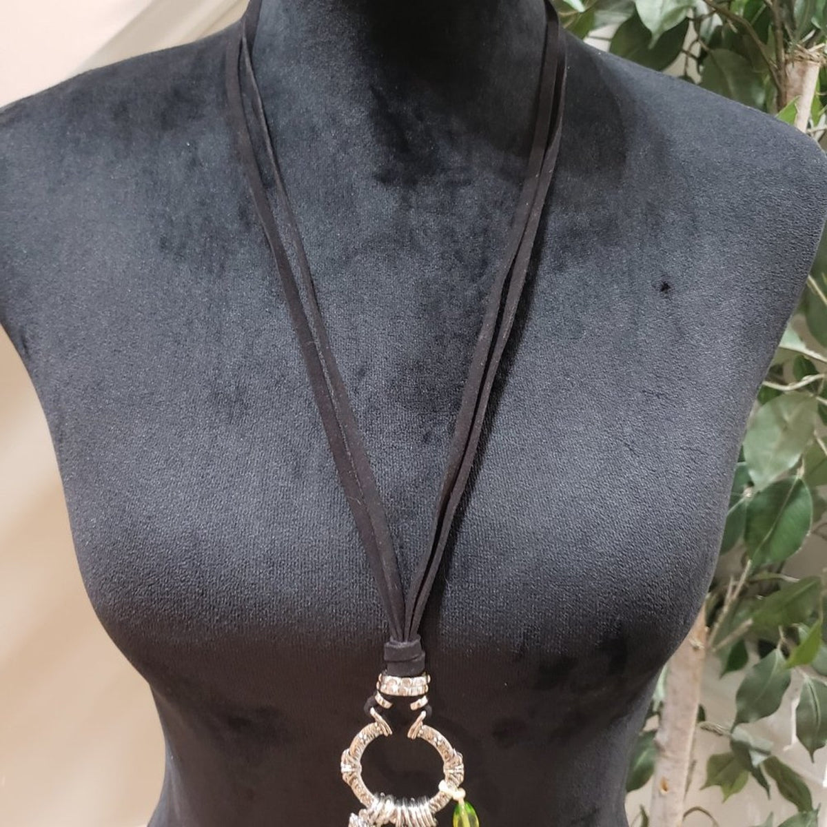 Magnolia and Vine Necklace Black Cord Turquoise Beads Green Crystal 18 mm Snap