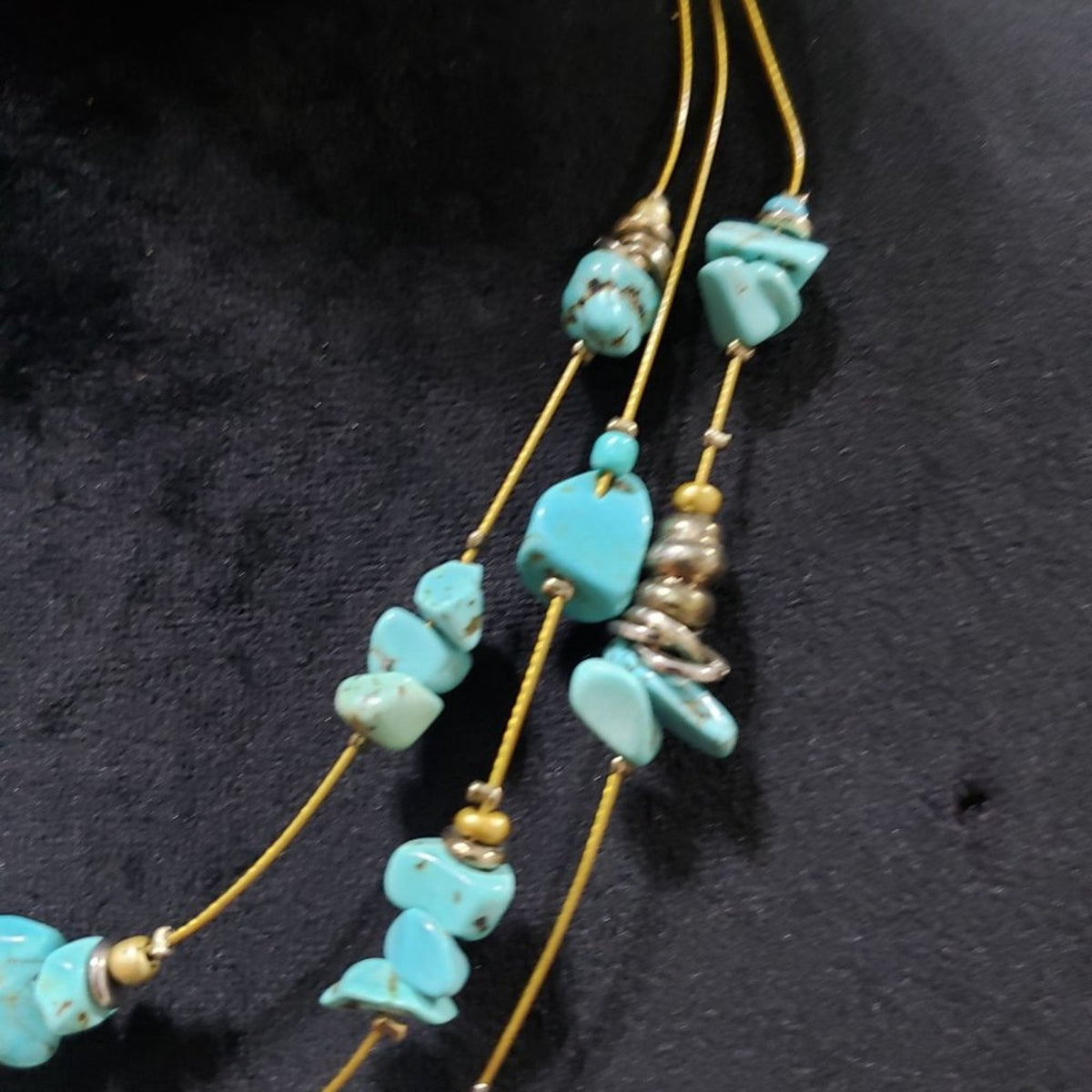 Women Triple Layer Beaded Blue Turquoise Stone Charm Necklace with Lobster Clasp