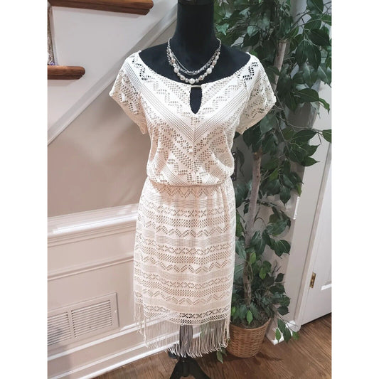 Bluet Womens White Polyester Round Neck Short Sleeve Knee Length Dress Size 16