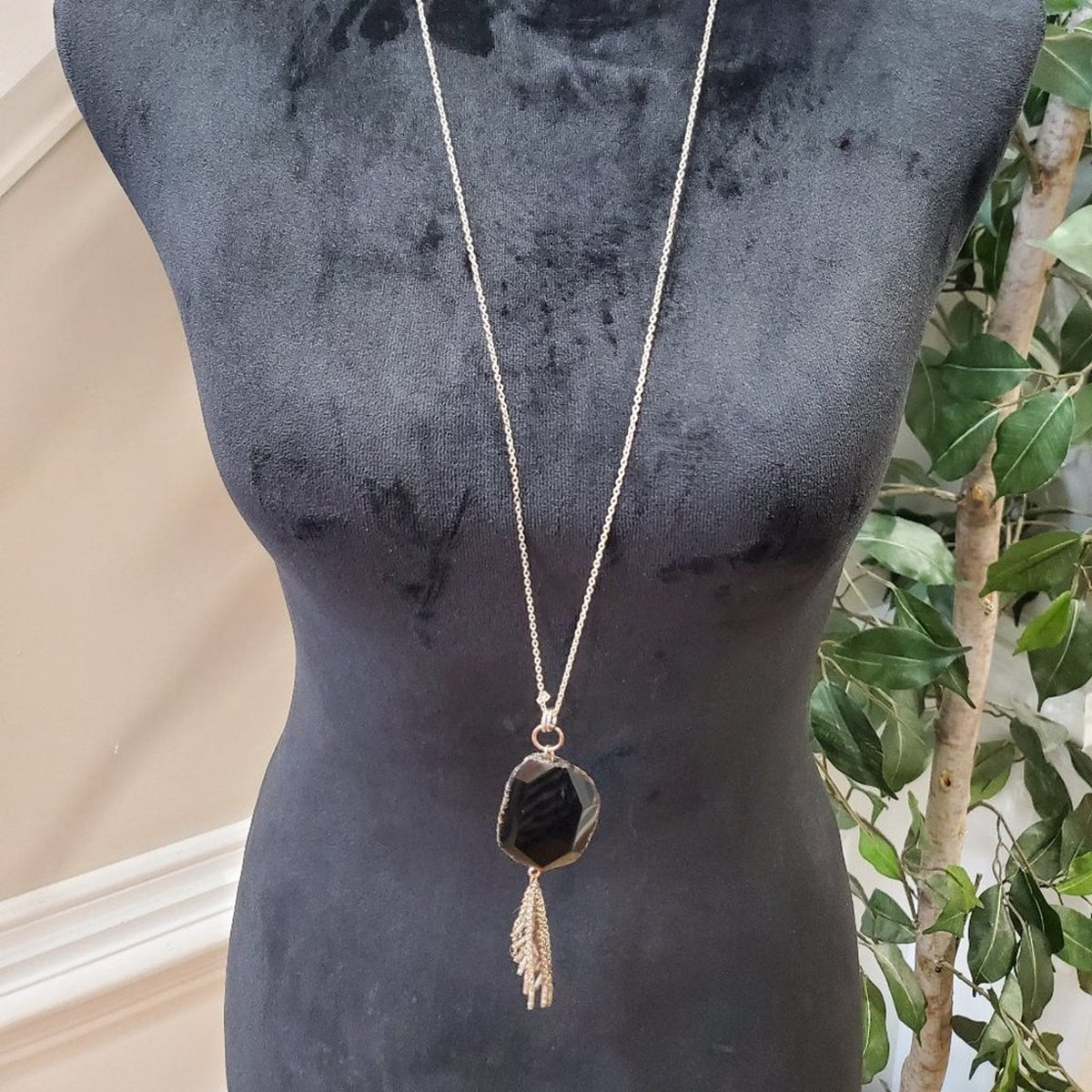 Women's Black Gemstone with Lobster Clasp Long Necklace