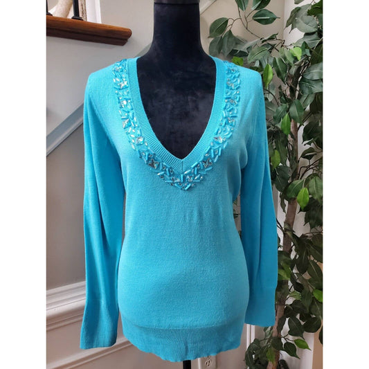 New York & Company Women Blue Acrylic V-Neck Long Sleeve Pullover Sweater Size L