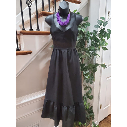 Story Tag Women's Black Polyester V-Neck Sleeveless Casual Knee Length Dress S