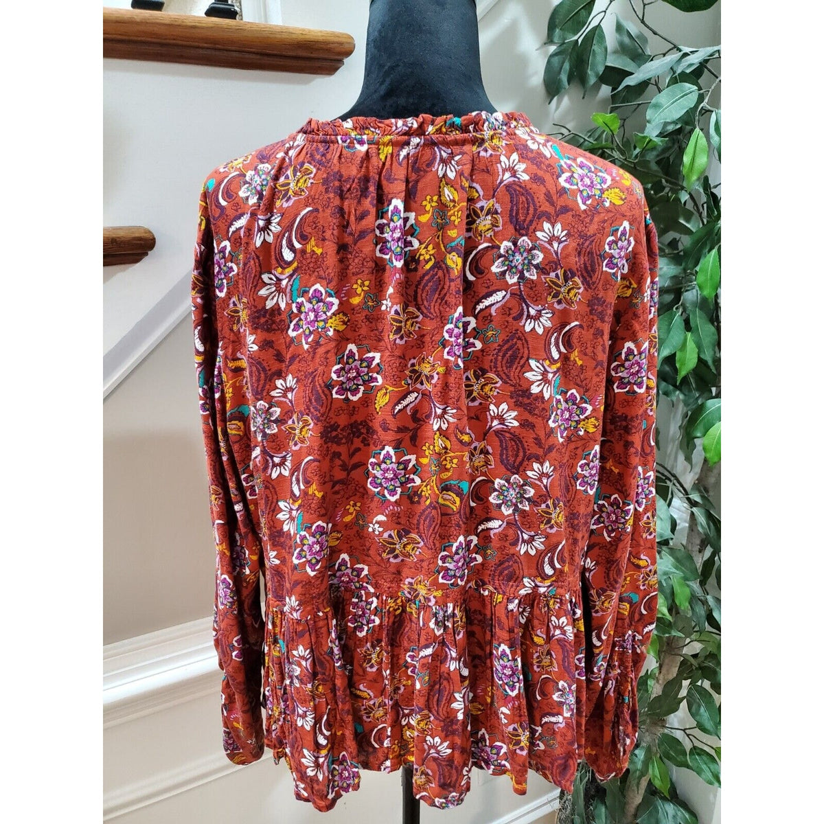 Women Brown Floral 100% Viscose Round Neck Long Sleeve Casual Top Blouse Size XL