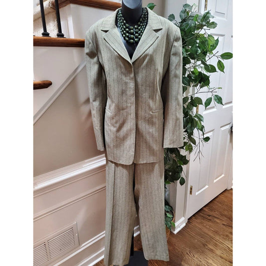 NYP Women's Beige Striped Polyester Single Breasted Blazer & Pant 2 Pc's Suit 18