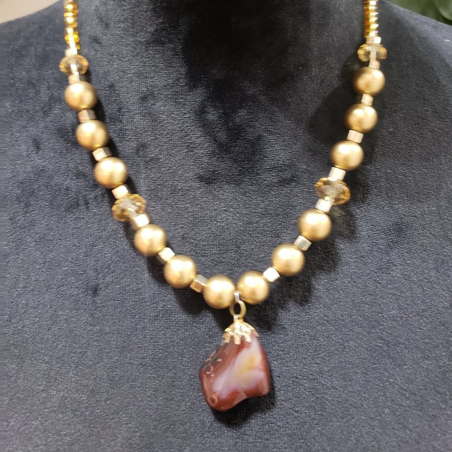 Women's Gold Pearl Wrapped Sunstone Pendant Spessartine Garnet Necklace