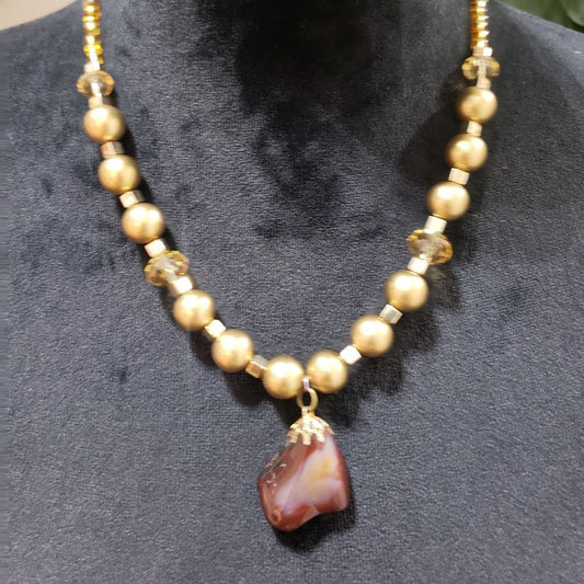Women's Gold Pearl Wrapped Sunstone Pendant Spessartine Garnet Necklace