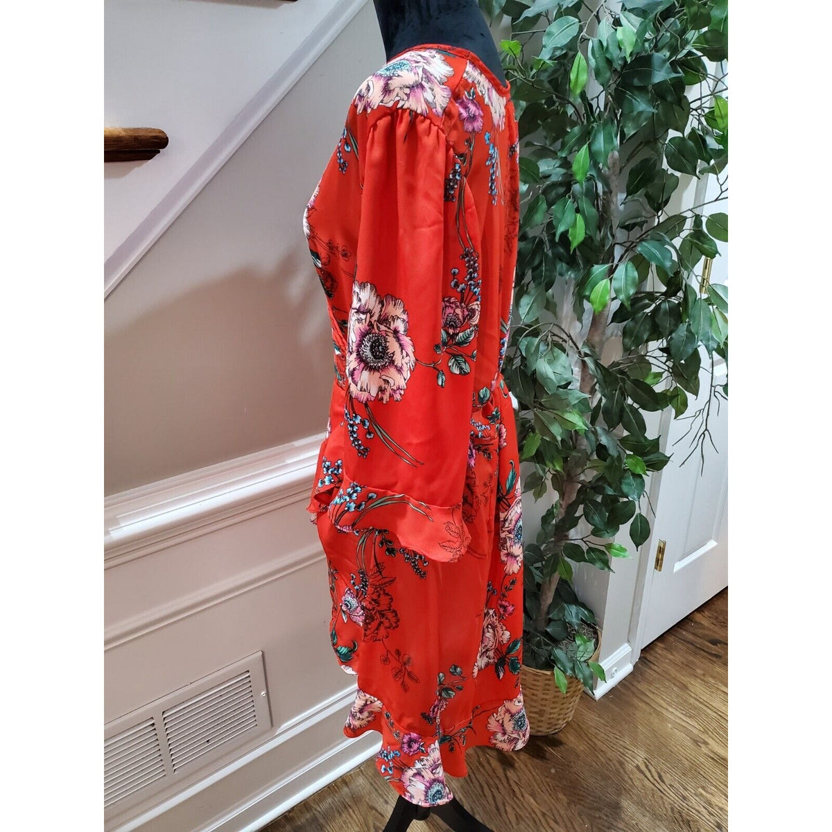 Haute Project Women Red Floral 100% Polyester V-Neck Long Sleeve Top Blouse XL