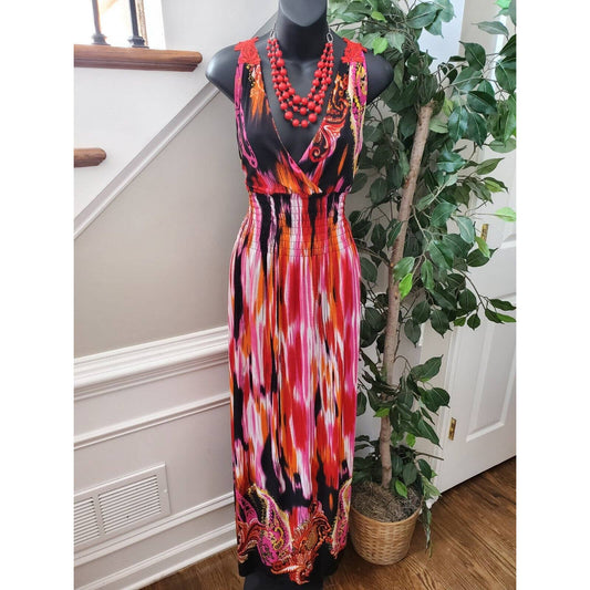 Multicolor Women's Polyester V-Neck Sleeveless Long Maxi Dress Size Medium