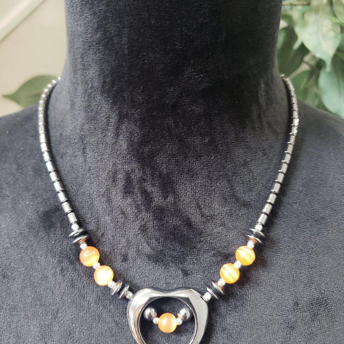 Womens Genuine Hematite Stones and Orange Beads Heart Shaped Pendant Necklace