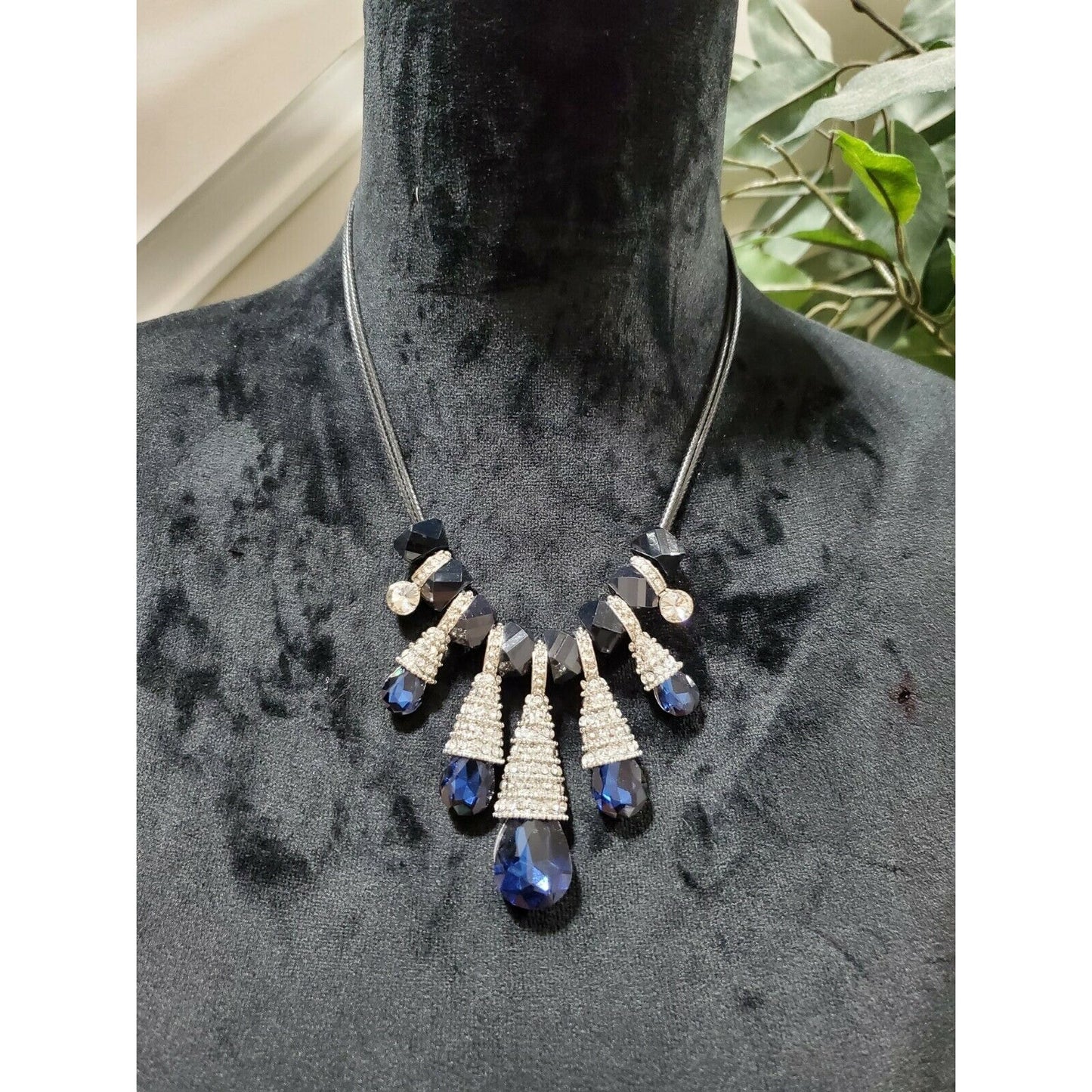 Statement Necklace w/ Sapphire Blue Crystals Black Beads & Rhinestone Accents