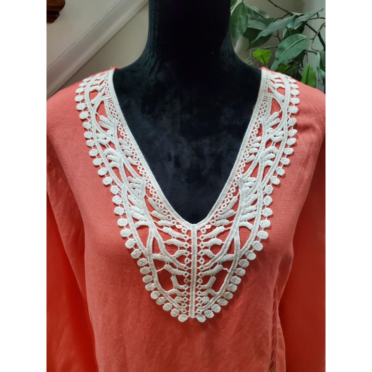 Premise Women's Peach Linen V-Neck Long Sleeve Casual Top Blouse Size X-Large