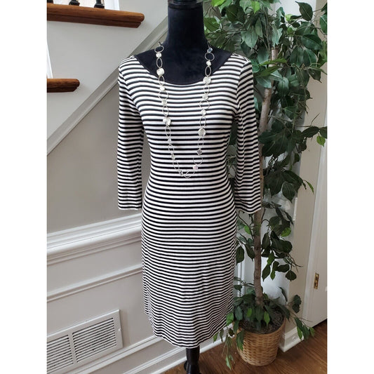Chelsea & Theodore Womens Black Striped Long Sleeve Knee Length Dress Size Small