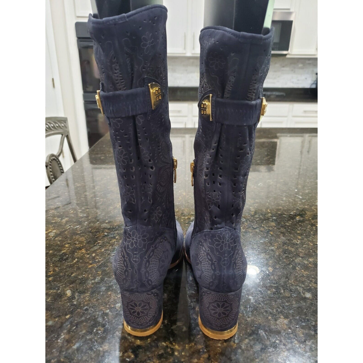 BATE Women's Blue Mid-Calf Modern Western Cowboy Chunky Heel Boot Size 37
