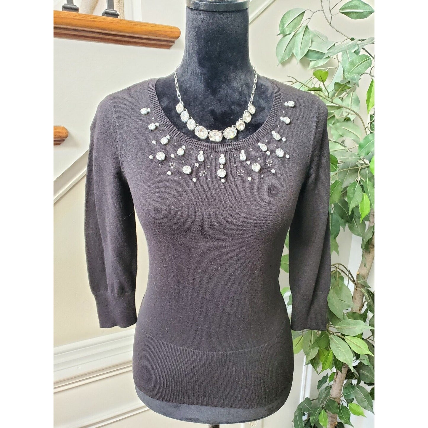 Worthington Black Embellished 3/4 Sleeve Sweater Size PS