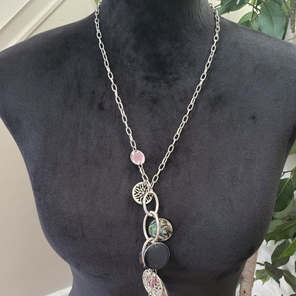Lia Sophia Neptune Windsong Silvertone Necklace Genuine Abalone Glass Beads