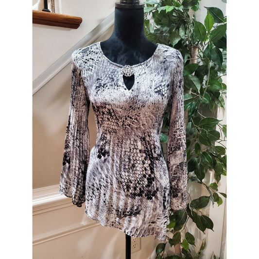 Melissa Paige Women Gray & Black Polyester Round Neck Long Sleeve Top Blouse PM