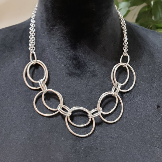 Womens Fashion Silver Tone Hollow Circles Link Statement Necklace with Lobster