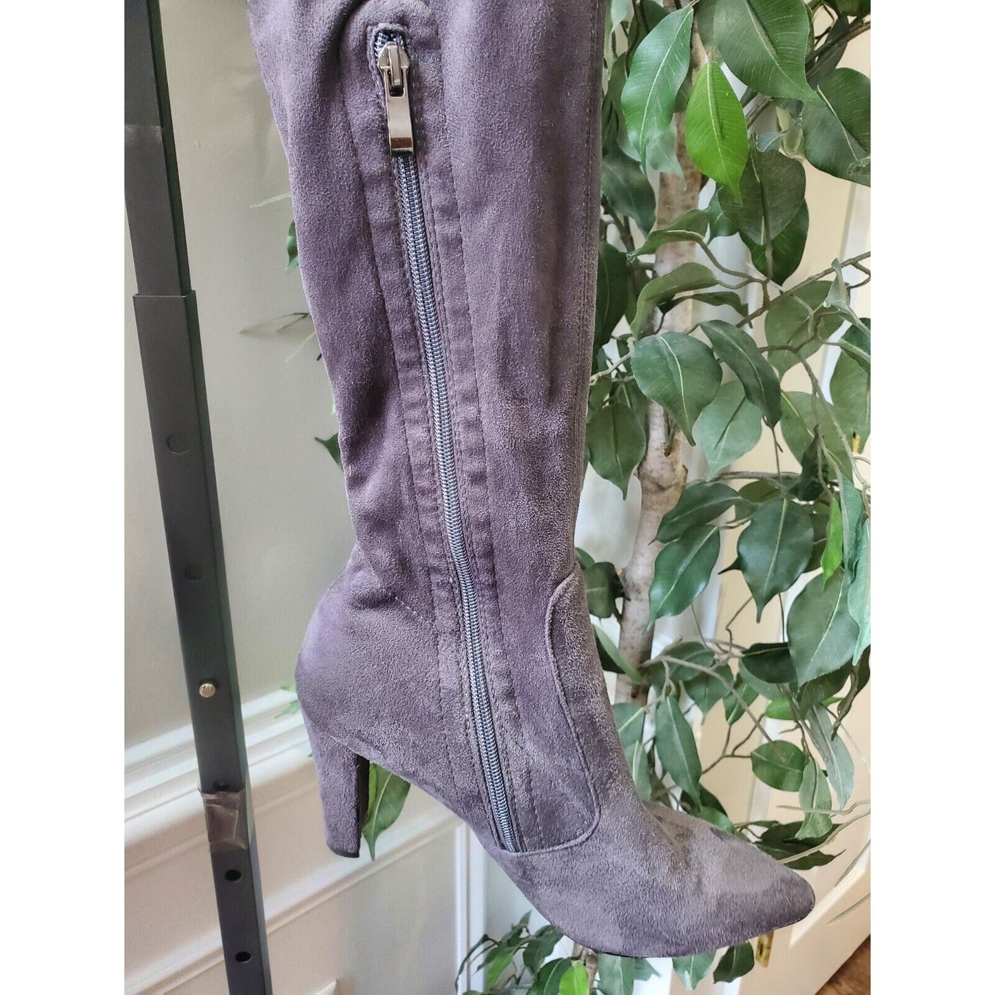 Gray Women's Suede Leather Pointed Toe Block Heel Knee High Boots Size 41 (9.5)