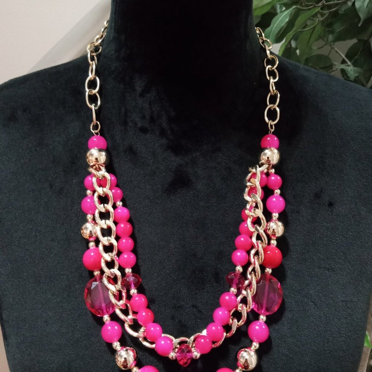 Womens Fashion Triple Strand Pink Rhinestone Beaded Collar Necklace with Lobster