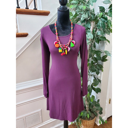 Express Women Purple Cotton Round Neck Long Sleeve Knee Length Dress Size Medium