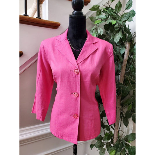 Susan Graver Women Pink Linen Single Breasted Long Sleeve Jacket Blazer Size M