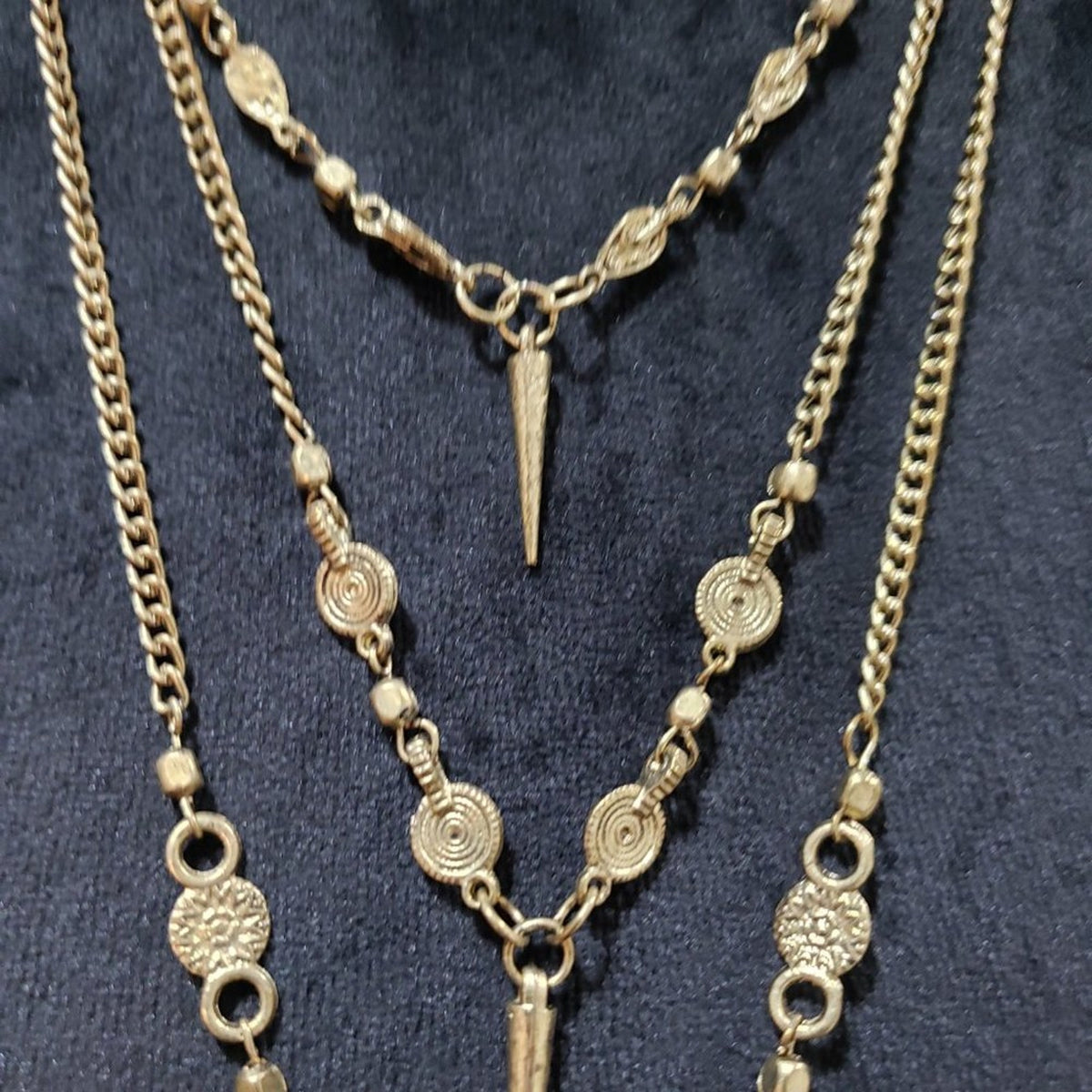 Women Gold Tone Multi-layer Chain Pendant Necklace Adorned w/ Metal Charm Tassel