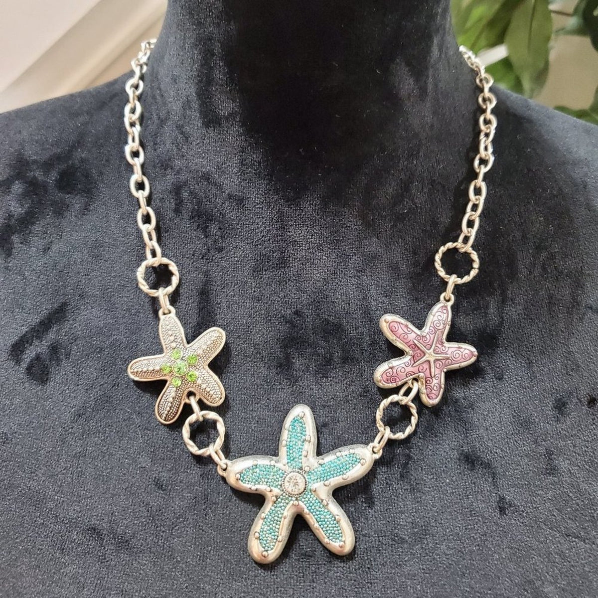 Women's Triple STARFISH Silver Tone Necklace Aquamarine Textured Rhinestones Cry