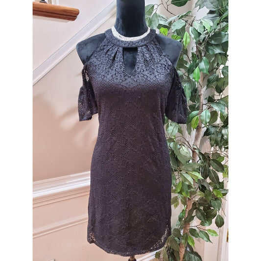 Blue Rain Women's Black Nylon Round Neck Short Sleeve Casual Knee Length Dress S