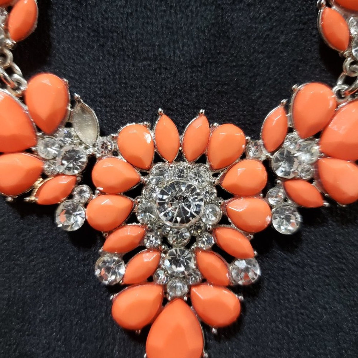 Coral Gem Stone Celluloid Flowers Clear Faceted Crystals Statement Necklace