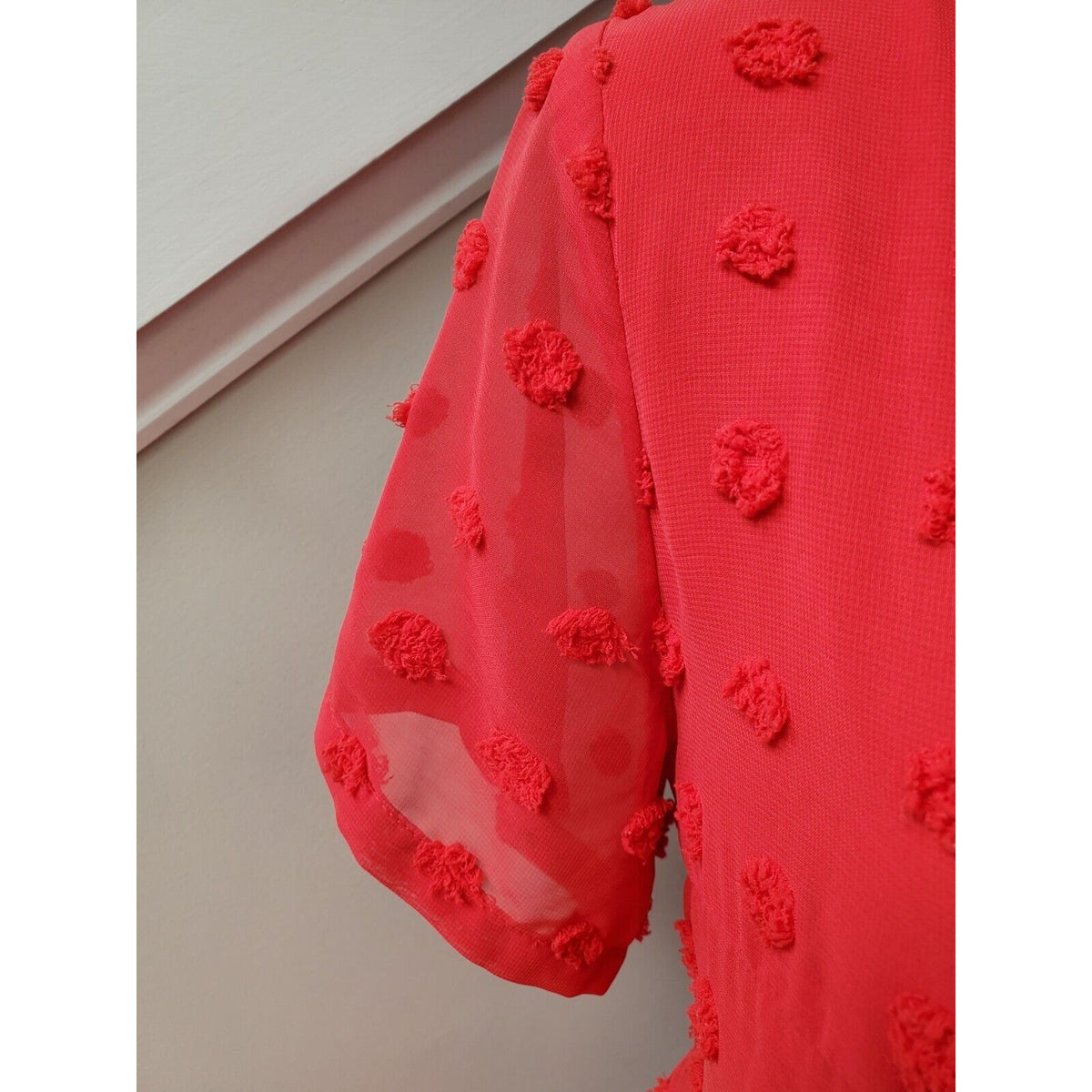 Miholl Red Pom Pom Babydoll Polyester V-Neck Short Sleeve Dress X-Large