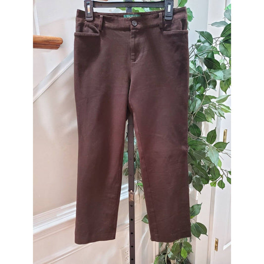 Lauren Ralph Lauren Women's Brown Cotton Mid Rise Zippered Straight Fit Pant 4P